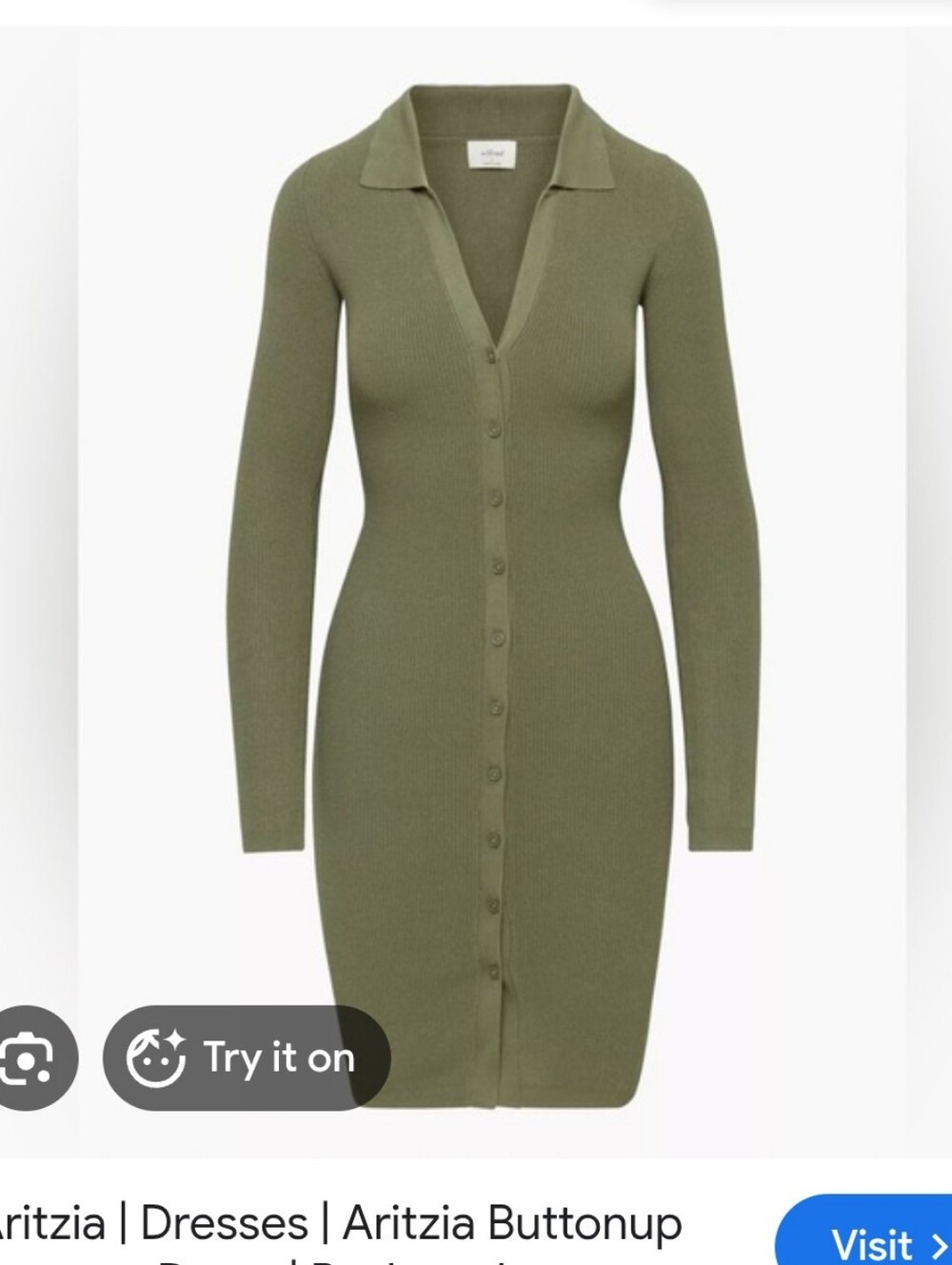 Aritzia Olive Green Button-Front Ribbed Long-Sleeve Dress XS